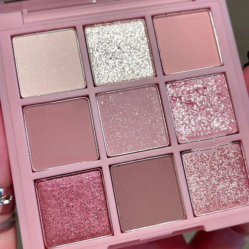 Nine-Color Eyeshadow Palette - Rose Pink, Pearly Matte, and Glitter Shades