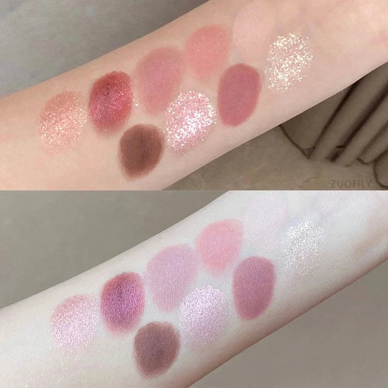 Nine-Color Eyeshadow Palette - Rose Pink, Pearly Matte, and Glitter Shades