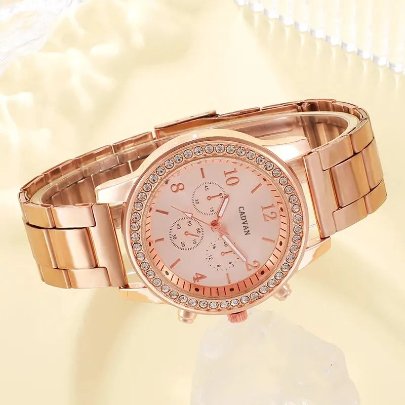 6PCS Rose Gold Luxury Watch Set - Women’s Fashion Wristwatch with Ring, Necklace, Earrings, and Bracelet