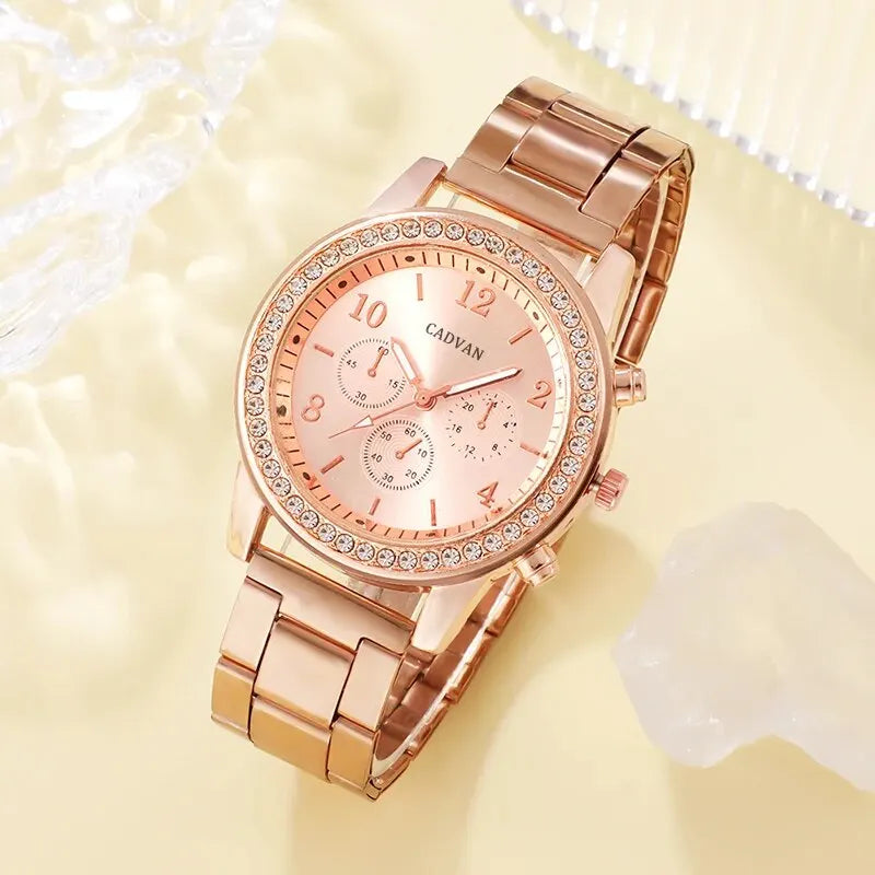 6PCS Rose Gold Luxury Watch Set - Women’s Fashion Wristwatch with Ring, Necklace, Earrings, and Bracelet