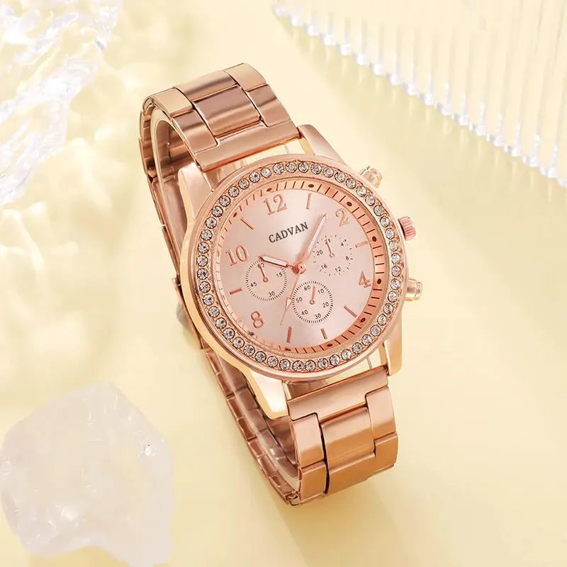 6PCS Rose Gold Luxury Watch Set - Women’s Fashion Wristwatch with Ring, Necklace, Earrings, and Bracelet