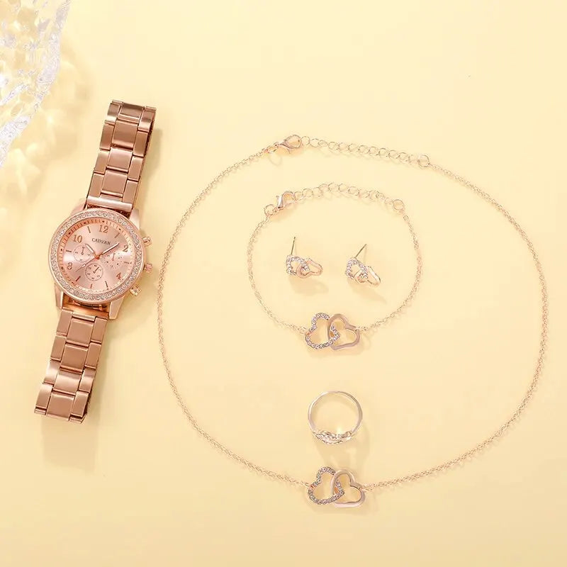 6PCS Rose Gold Luxury Watch Set - Women’s Fashion Wristwatch with Ring, Necklace, Earrings, and Bracelet