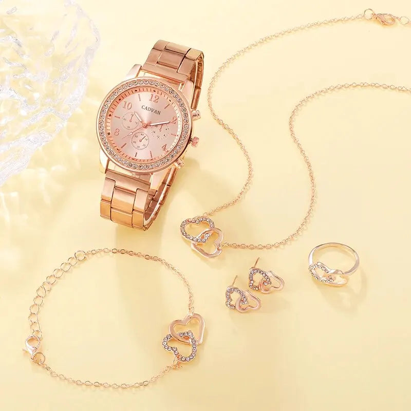 6PCS Rose Gold Luxury Watch Set - Women’s Fashion Wristwatch with Ring, Necklace, Earrings, and Bracelet