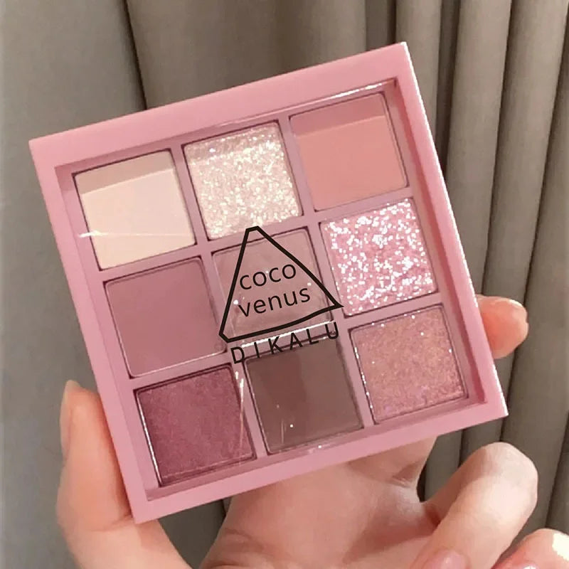 Nine-Color Eyeshadow Palette - Rose Pink, Pearly Matte, and Glitter Shades