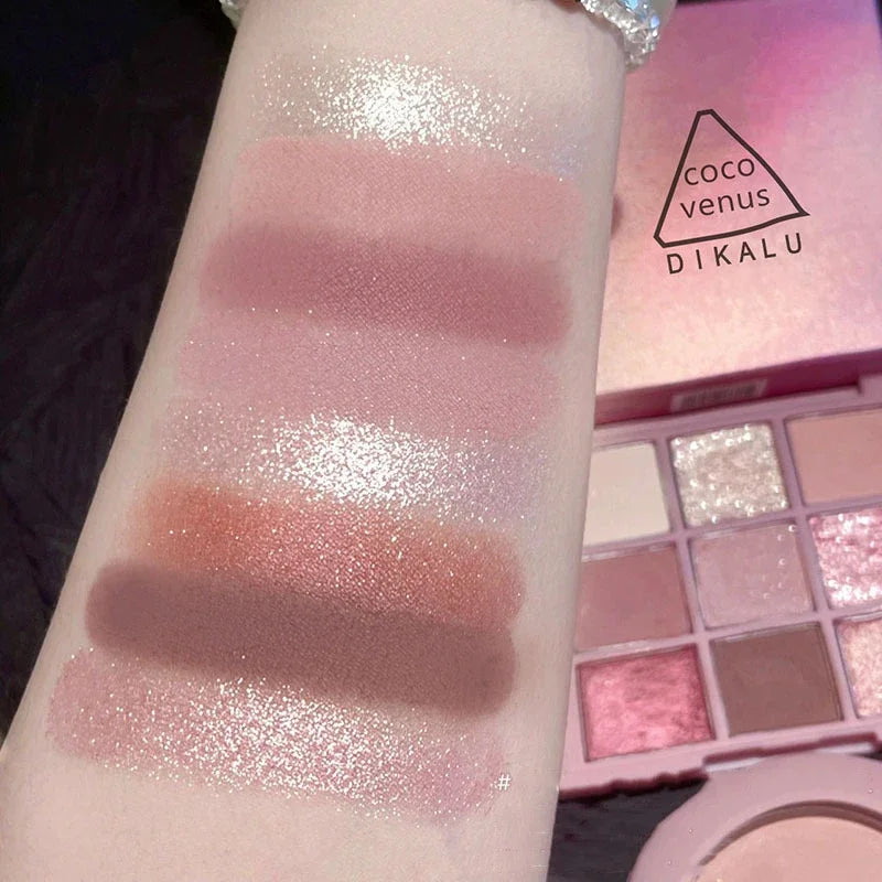 Nine-Color Eyeshadow Palette - Rose Pink, Pearly Matte, and Glitter Shades